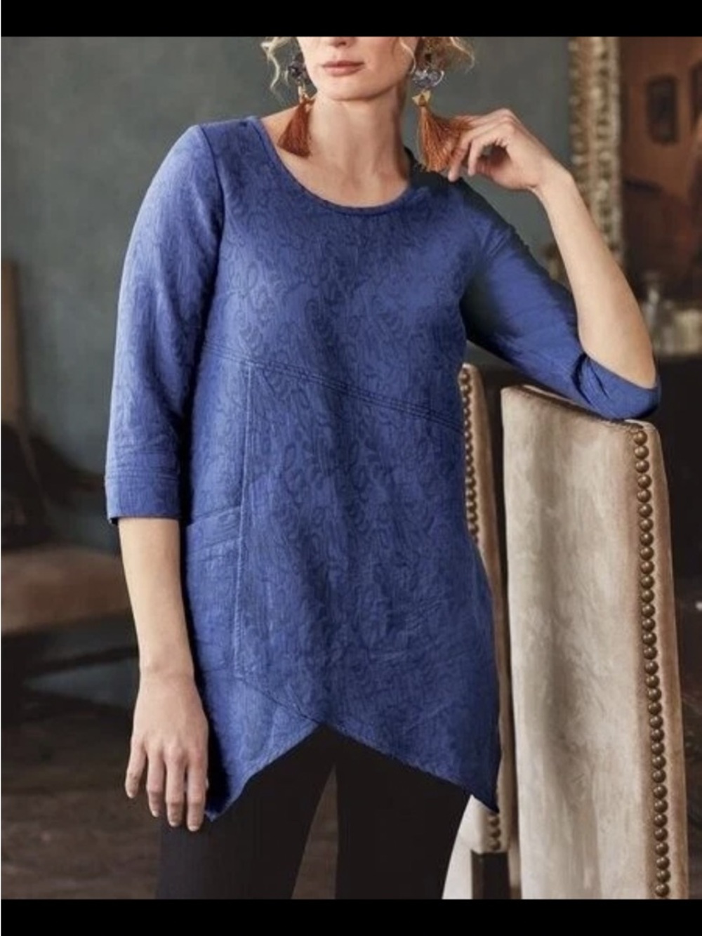 Soft Surroundings "Rosabella" Jacquard Gauze Tunic Top Lagoon Blue Sz.S